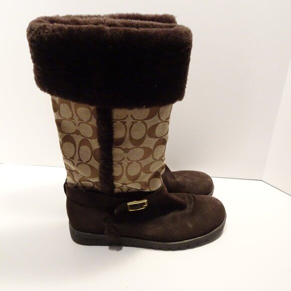 COACH DeeAnn Brown Suede Fur Trimmed Boots Size 8 Monogram Jacquard - Picture 6 of 9